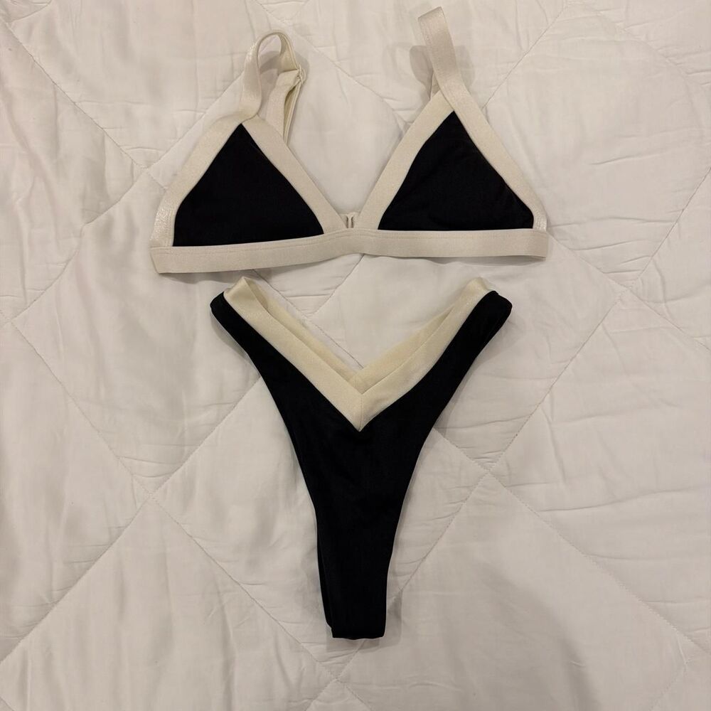 oneone black + white trim bikini set